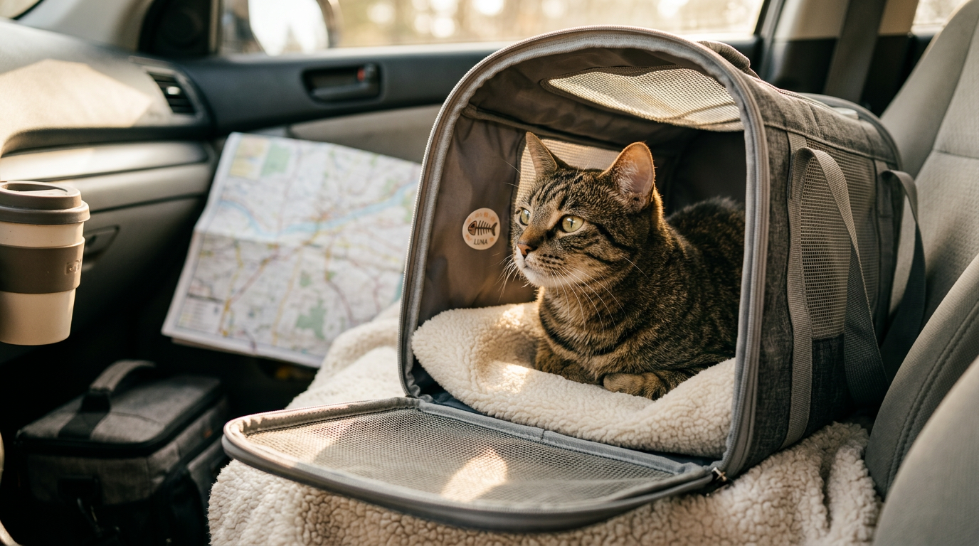 Calm cat sitting inside a travel carrier, looking relaxed and ready for a trip